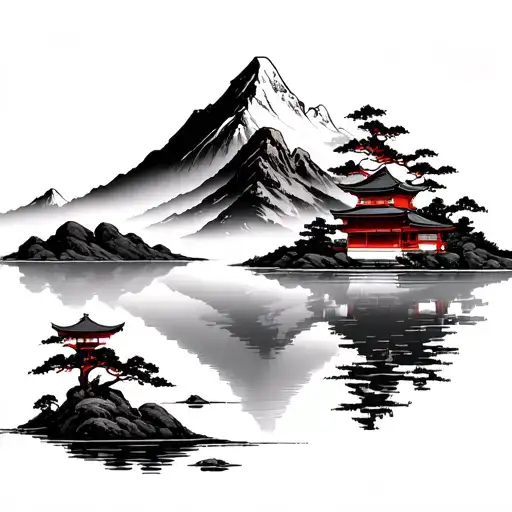 Japense Temple And Mountain Lake Scene