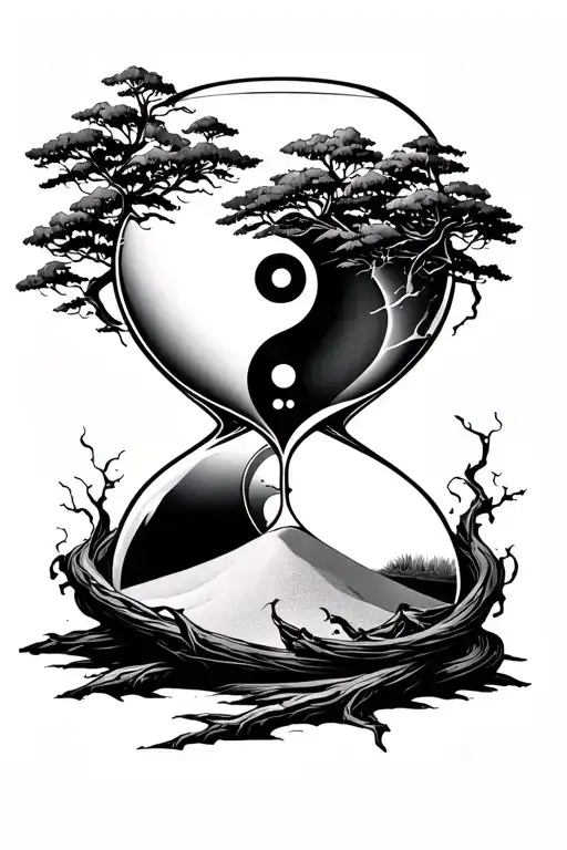 Hour Glass With Yin Yang And Sand With Tree Wrapped Around It
