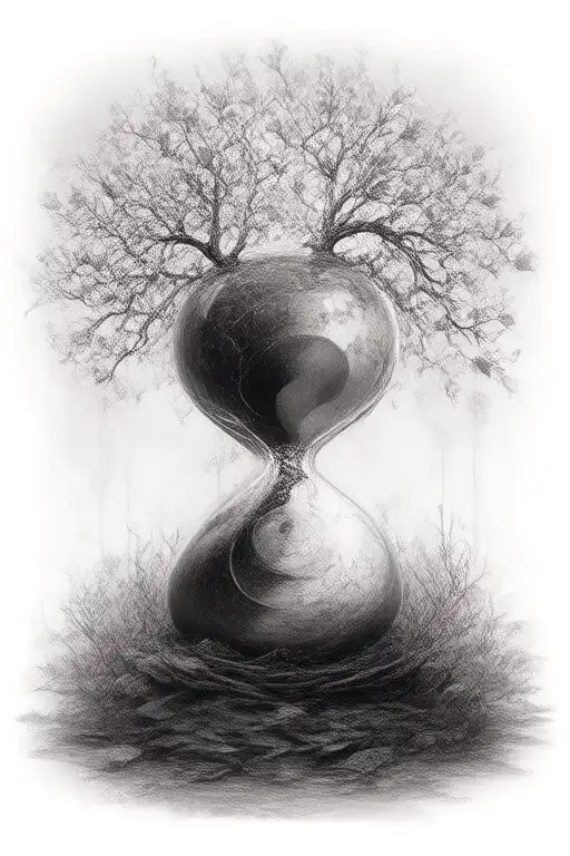 Defoliated Tree And Broken Sandless Hourglass Filled With No Leaves With Yin Yang