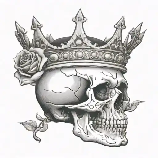 Skull With A Crown On Top Of Its Head With A Rose In Between Its Teeth