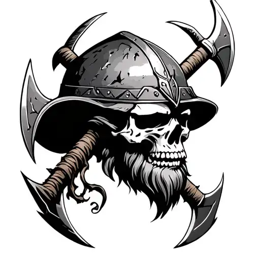 Bearded Demonic Viking Skull Wearing Battle Torn Helmet With Crossed Axes