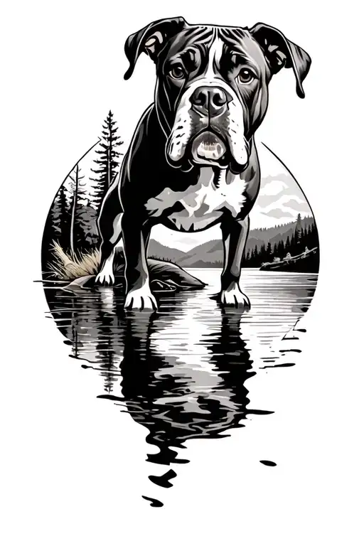Brindle Boxer Dog With A Lake Scene