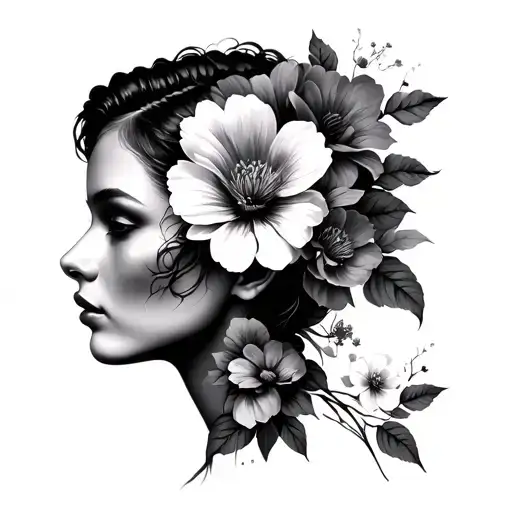 Female Face Side Profile With Flowers Blooming