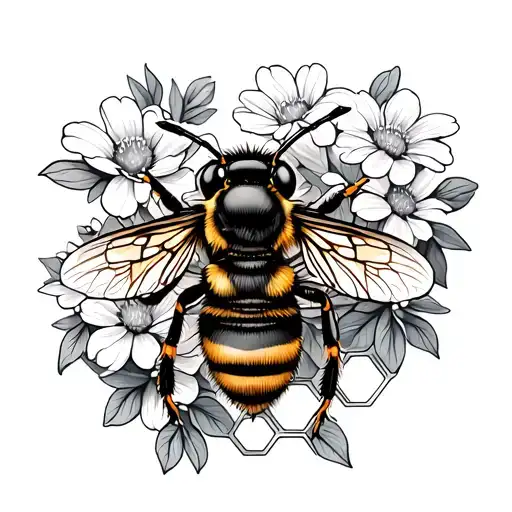 Honey Bee On Honeycomb With Flowers Growing