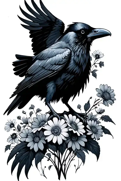 Raven Flying In Field Holding Flowers