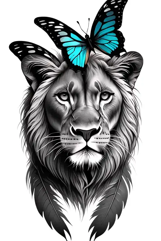 Lioness And Two Butterflies In Feather Outline