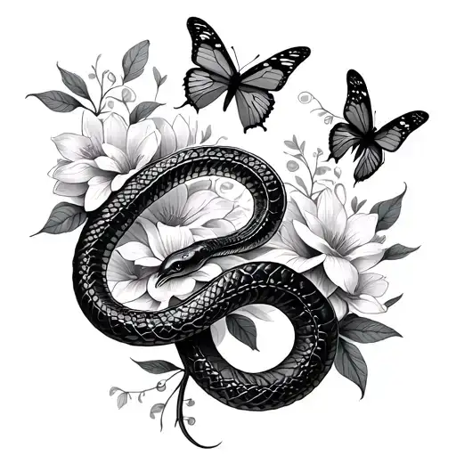 Snake With Butterflies And Flowers Intertwined