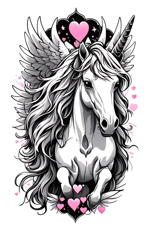 Winged Unicorn And Hearts