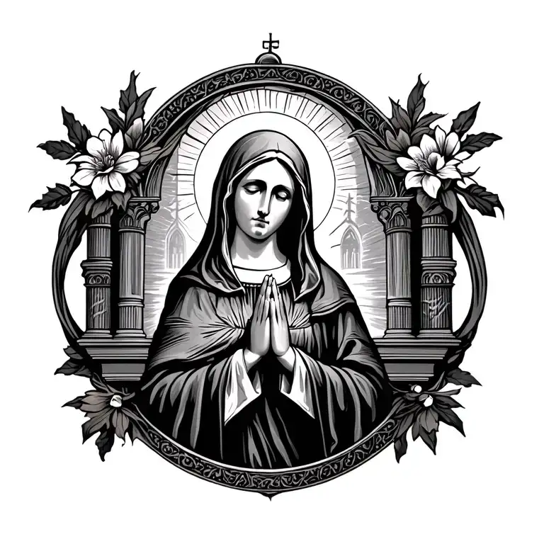 Holy Mary Praying With Chapel Background