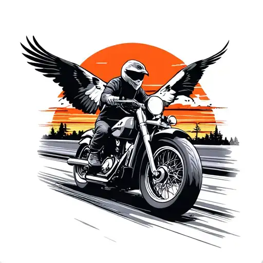 Motorbike Riding Into Sunset On Highway With Eagle In The Sky Above It