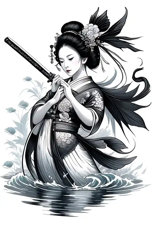 Geisha Holding A Katana Koi Fish Swimming Upstream