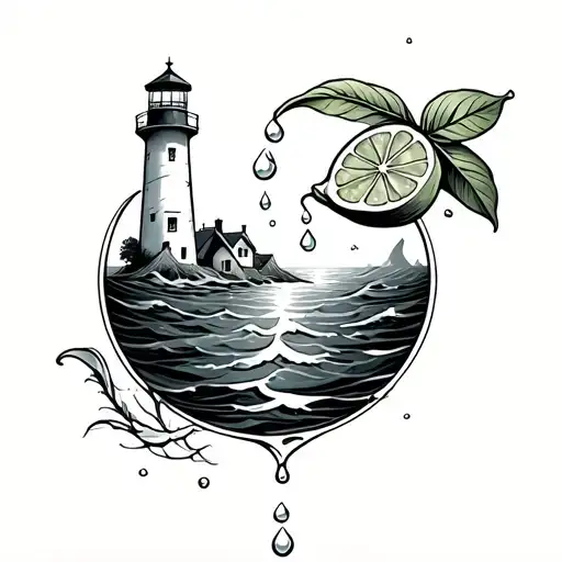 Lemon Squeezing Drops Into An Ocean Leading To A Lighthouse