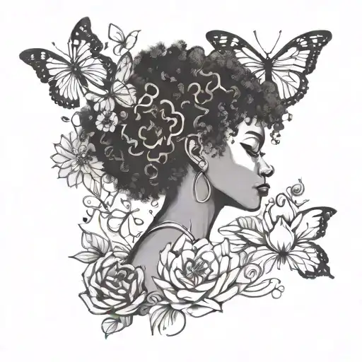 Outline Of A Black Woman With A Afro Looking Towards The Left With Lotus Flower And Butterflies