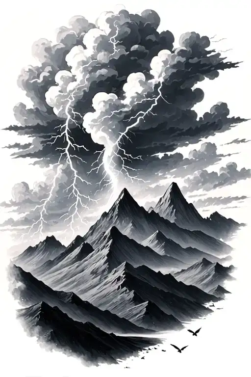 Storm Clouds With Lightning Over A Mountain Range With Birds Flying Away Realistic Detail