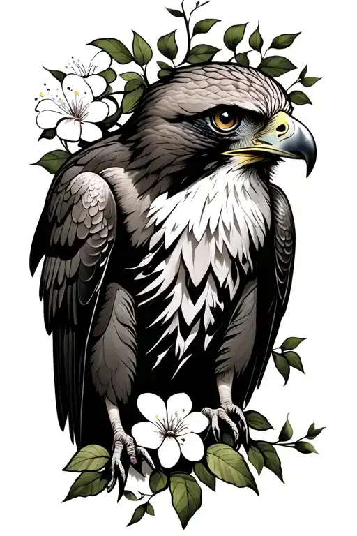 Hawk Facing Forward With Vines Growing And Blossoming