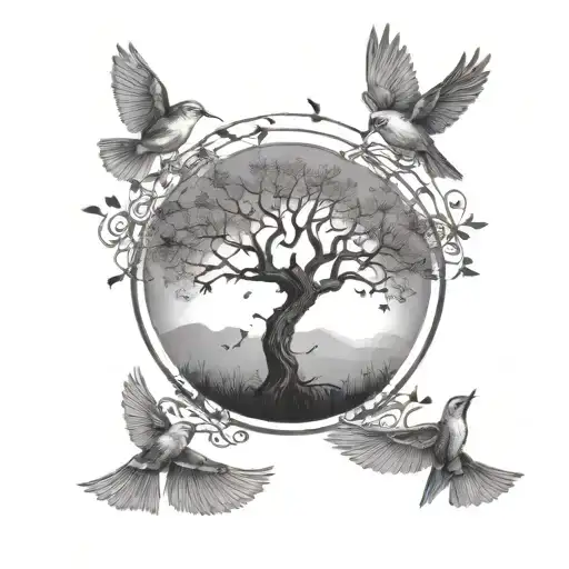 Tree With Small Birds Flying Away