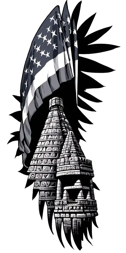 American And Mexican Flag With Mayan Inspiration And Temples