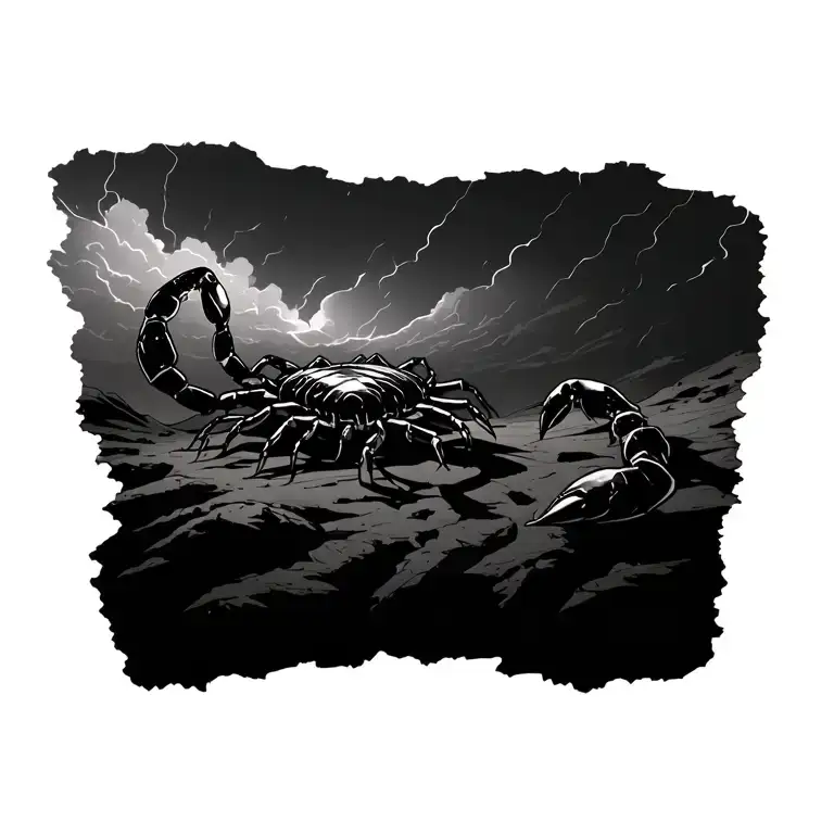 Scorpion In The Desert Under A Storm Clouds