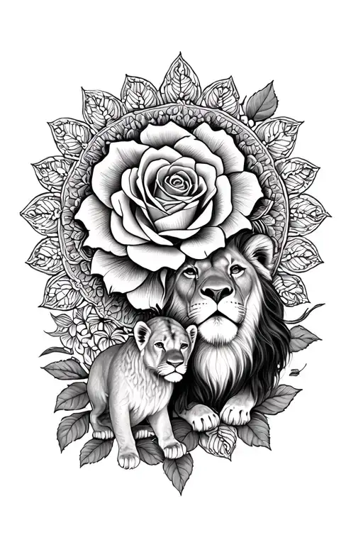 Mandala And A Rose With A Lioness And A Baby Lion In Fine Line