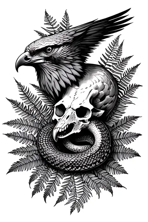 Falcon Skull Backed By Ferns With A Snake
