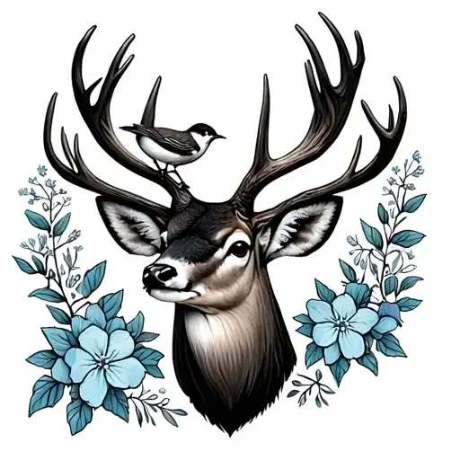 Buck Head With Little Bird On Its Antler And The Bird Is Holding Forget Me Nots In Its Beak