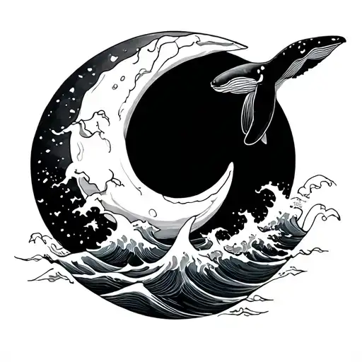 Crescent Moon With Waves Coming Out And A Whale Flying Out