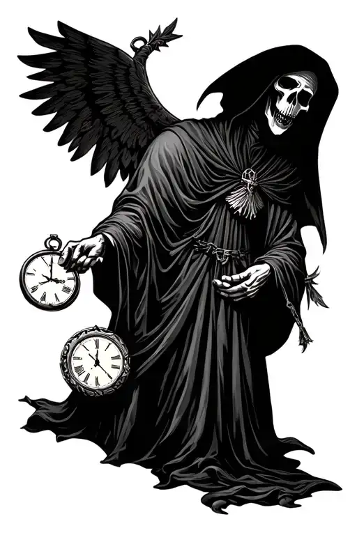 Grim Reaper Holding Sycthe In One Hand And A Roman Numiral Stop Watch In The Other