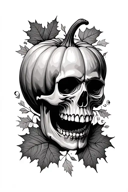 Skull And Pumpkin With Fall Leaves