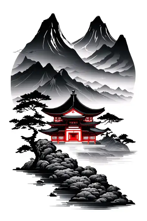 Japanese Temple And Mountain Scene