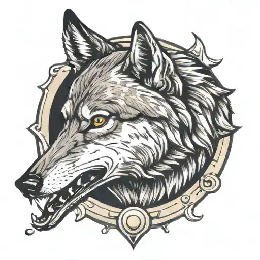 Wolf With A Trout In Its Mouth In A Badge Surrounded