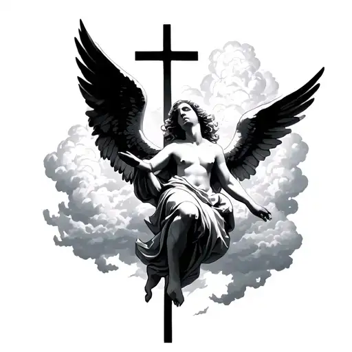 An Angel Falling With Clouds And A Cross In The Back