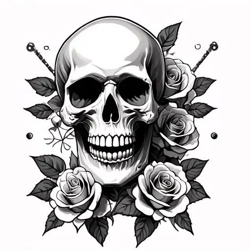 Skull With Roses And Rock And Roll Sign