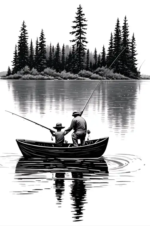 Dad And Son Fishing On A Lake In A Boat