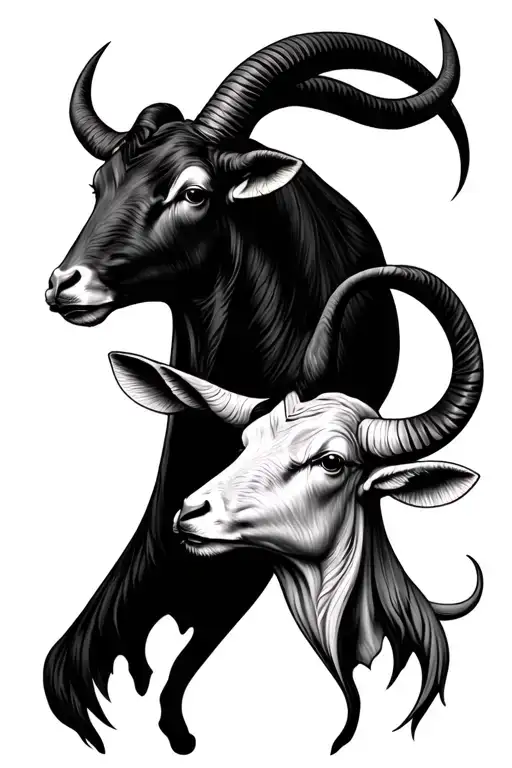 Gothic Bull And Goat Heads Facing Away From Each Other