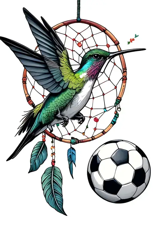 Hummingbird Carrying Dreamcatcher In It's Feet Underneath A Soccer