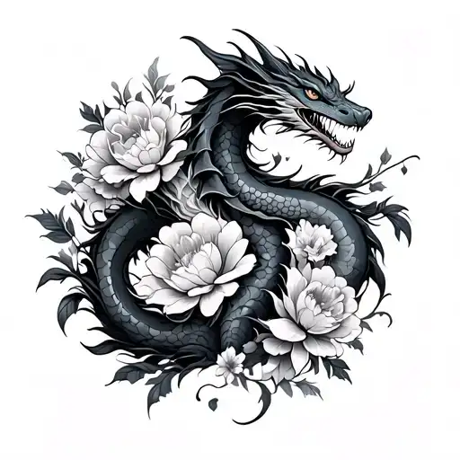 Dragon Intertwined Flowers Surrounding