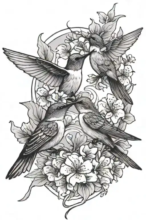 Two Humming Birds With Cherry Blossom Floral Background