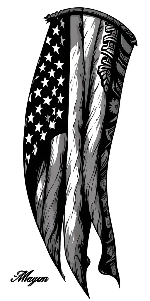 American And Mexican Flag With Mayan Lettering