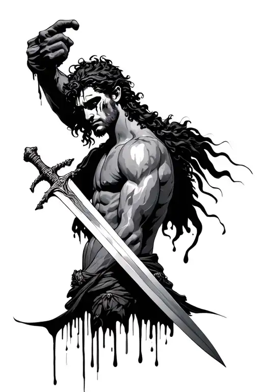 Greek God With A Scar Over His Eye Holding A Sword And Blood Dripping