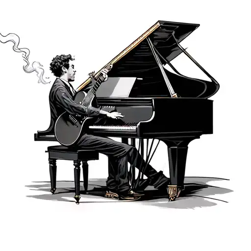 Guy Smoking And Playing Grand Piano With Guitar Leaning On Grand Piano