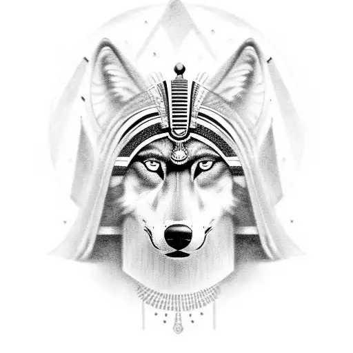 Design A Black-grey Tattoo Featuring Tutankhamun Wearing A Wolf Headdress