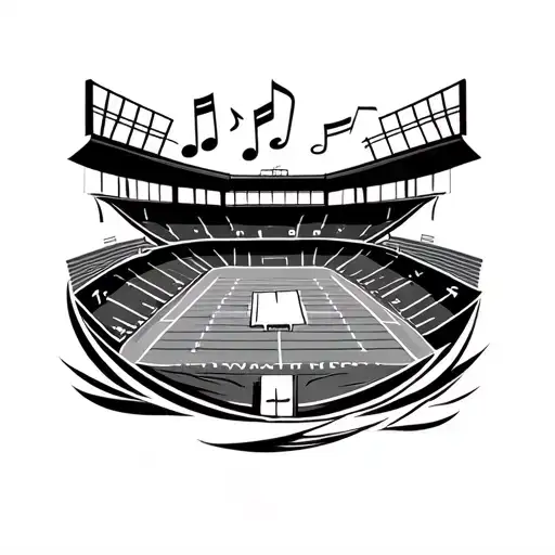 Design A Black And Grey Tattoo Of A Football Stadium With Musical Notes Floating Above It