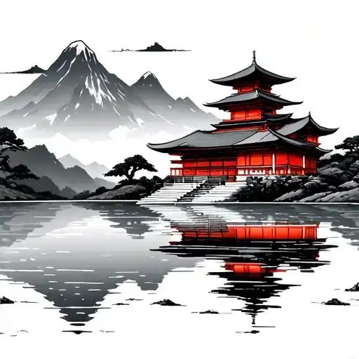 Japense Temple And Mountain Lake Scene