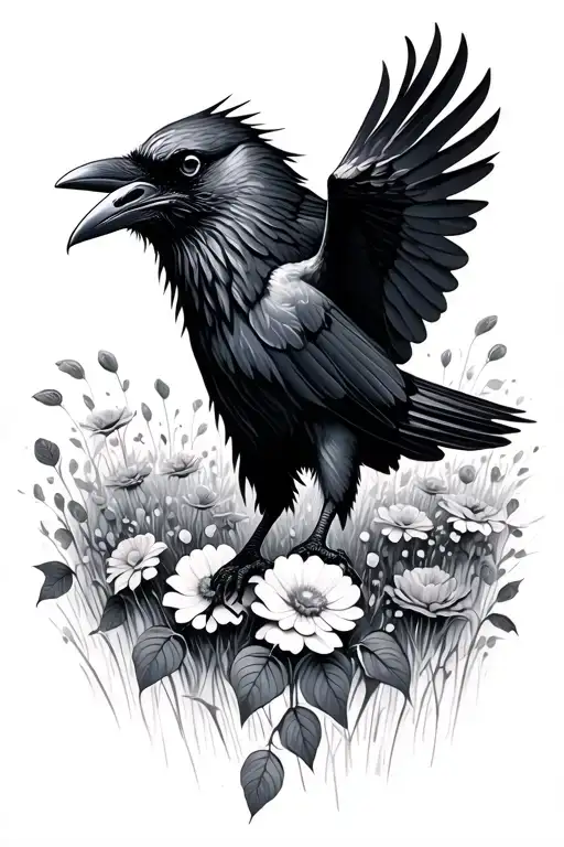 Raven Flying In Field Of Flowers