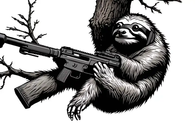Sloth Hanging From A Tree Upside Down With Night Vision Goggles And Holding A Rifle