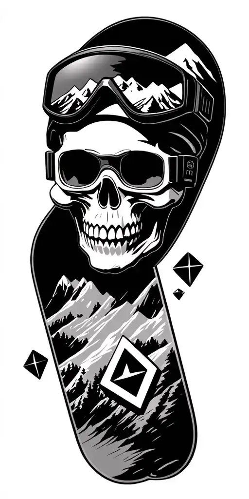 Skull With Snow Boarding Goggles With A Mountain Range With A Double Black Diamond Symbol