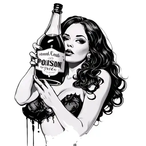 Black And Gray Realistic Pinup Girl Holding Bottle Poison