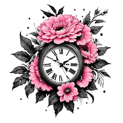 Flower Pink Intertwined Represents The Loss Of His Brother With The Clock Of Time And Skull