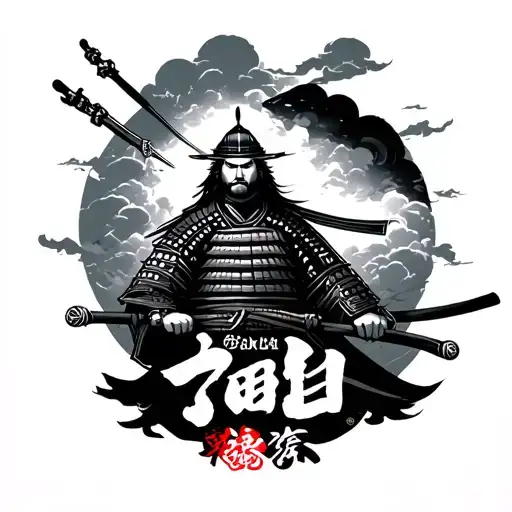 A Samurai With Clouds Around Him And Below The Samurai Have A Japanese Lettering