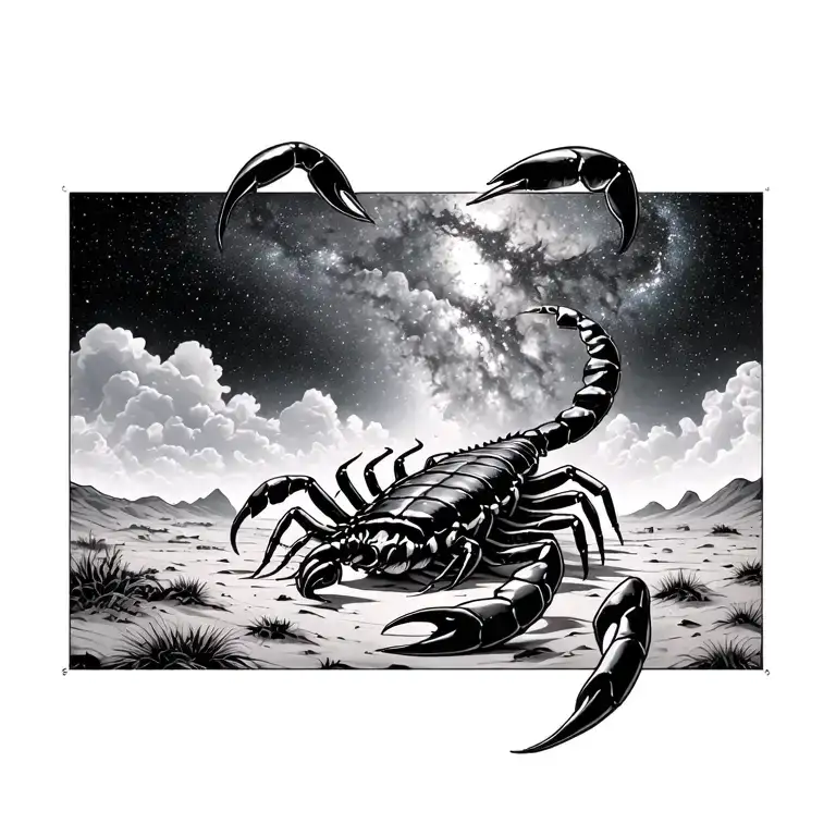 Scorpion In The Desert Under A Storm Clouds Under A Galaxy